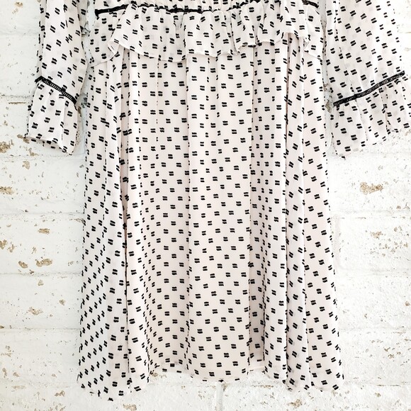 Max Studio Polka Dot Peplum V Neck Ruffle Dress Lace Trim Elastic Waist Sz L - Picture 4 of 13